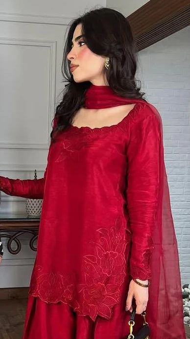 Red Zauq Embroidered 3PC Premium Shamroz Collection
