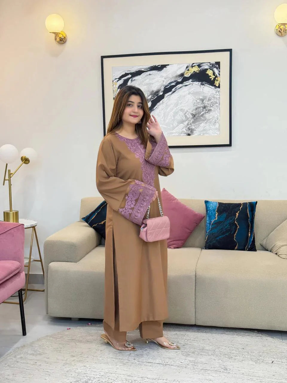 Sawera Embroidered Set Premium Stone Linen Collection