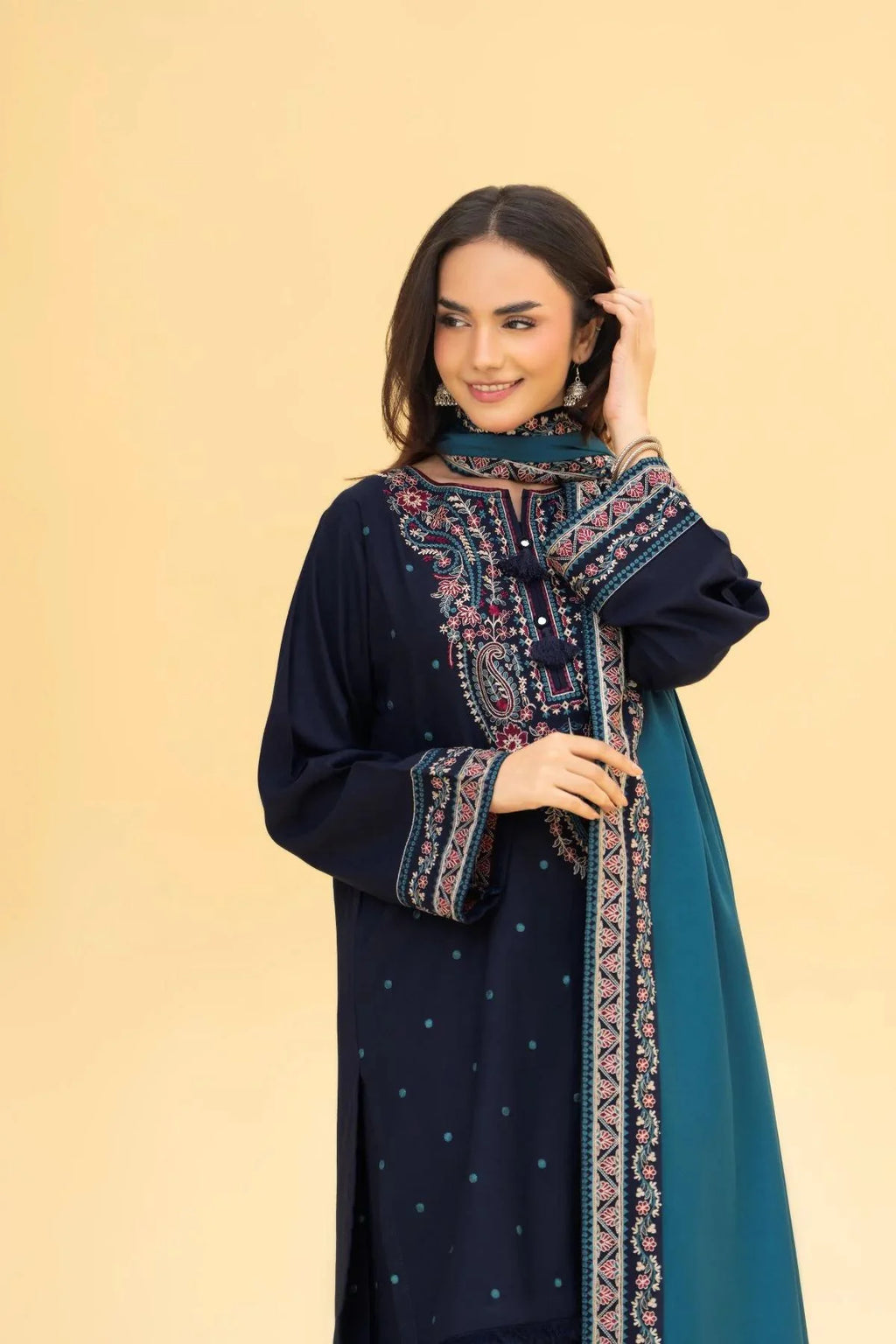 Alif Heavy Embroidered 3PC Winter Linen Suit with Shawl