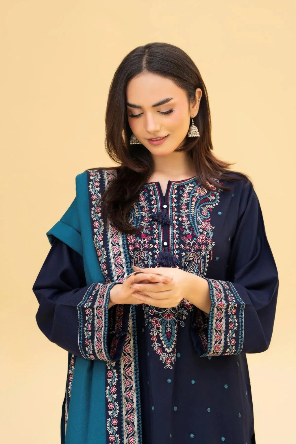 Alif Heavy Embroidered 3PC Winter Linen Suit with Shawl