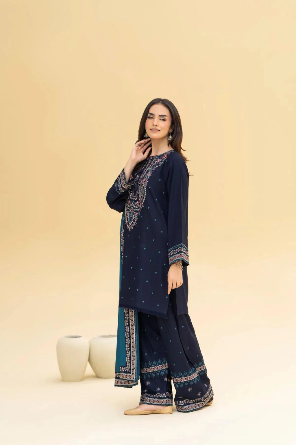 Alif Heavy Embroidered 3PC Winter Linen Suit with Shawl