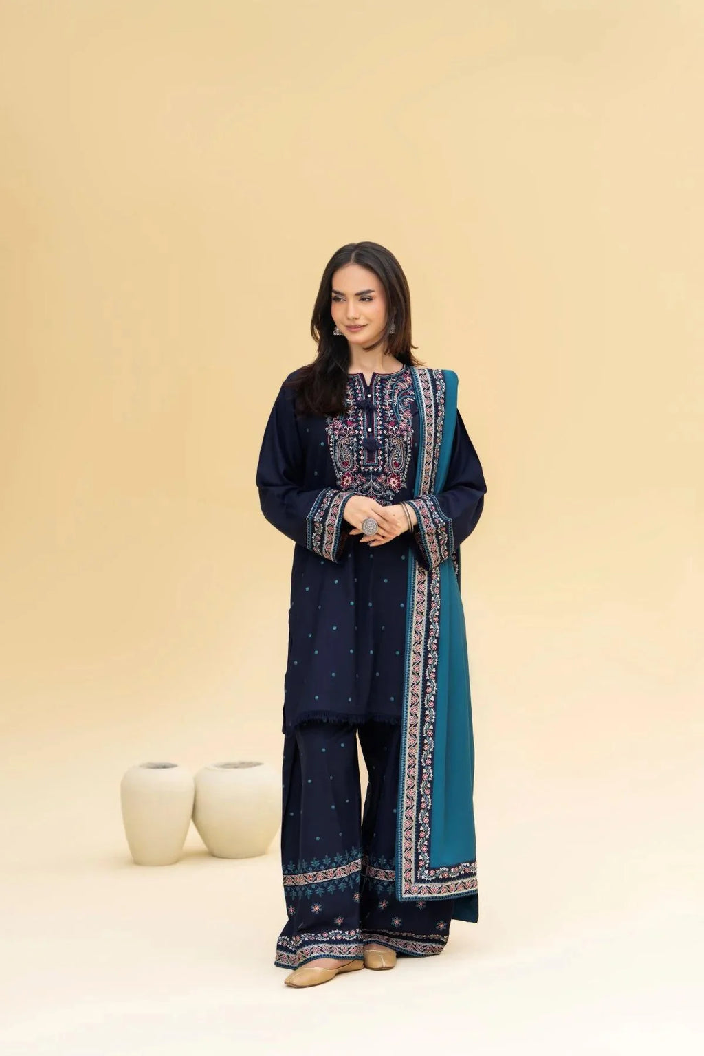 Alif Heavy Embroidered 3PC Winter Linen Suit with Shawl