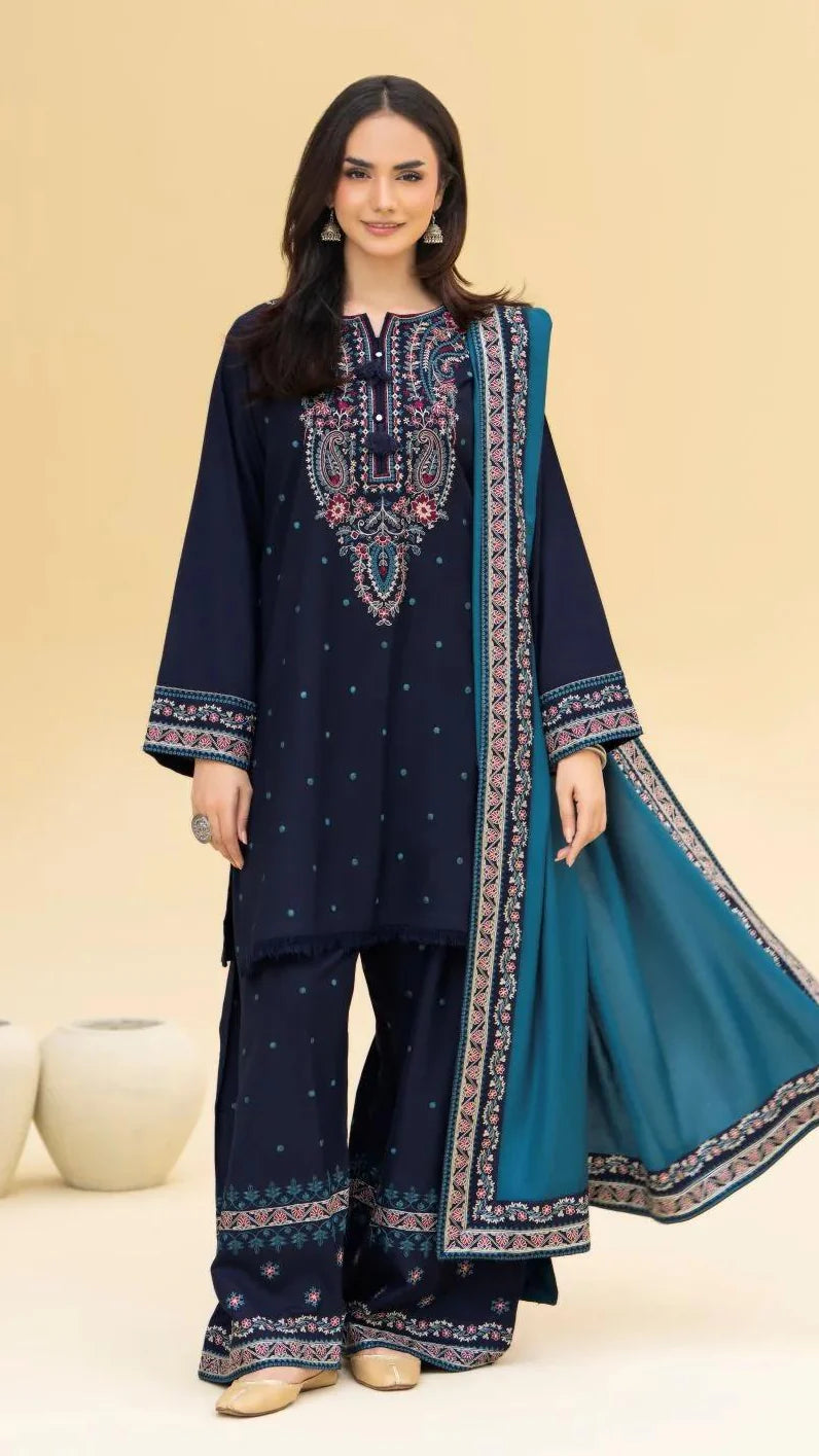 Alif Heavy Embroidered 3PC Winter Linen Suit with Shawl
