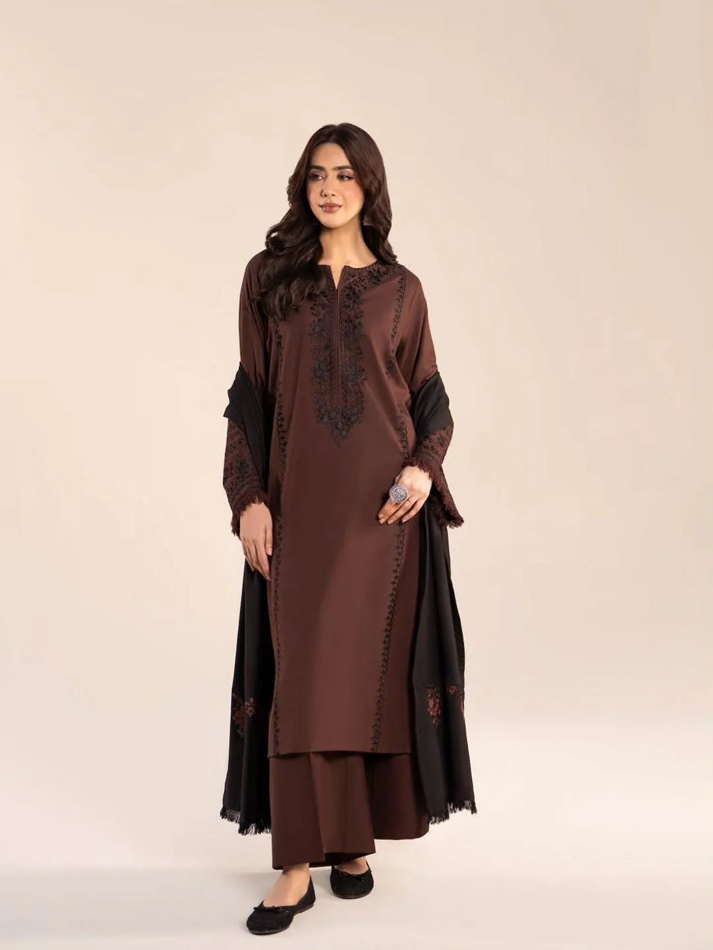 Sanam Embroidered 3PC Stone Linen Suit