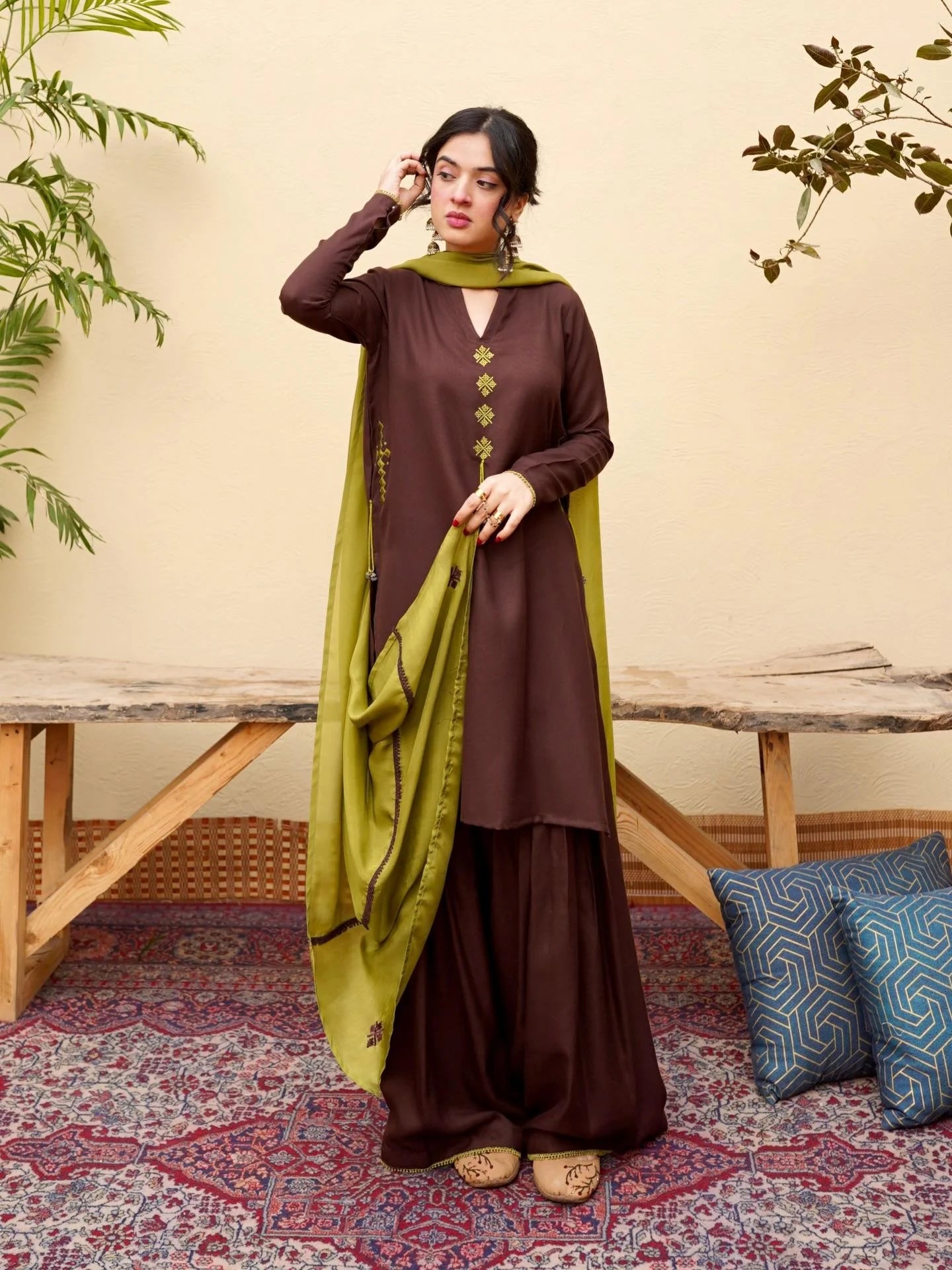 Pista Embroidered 3PC Stone Marina Suit with Sharara