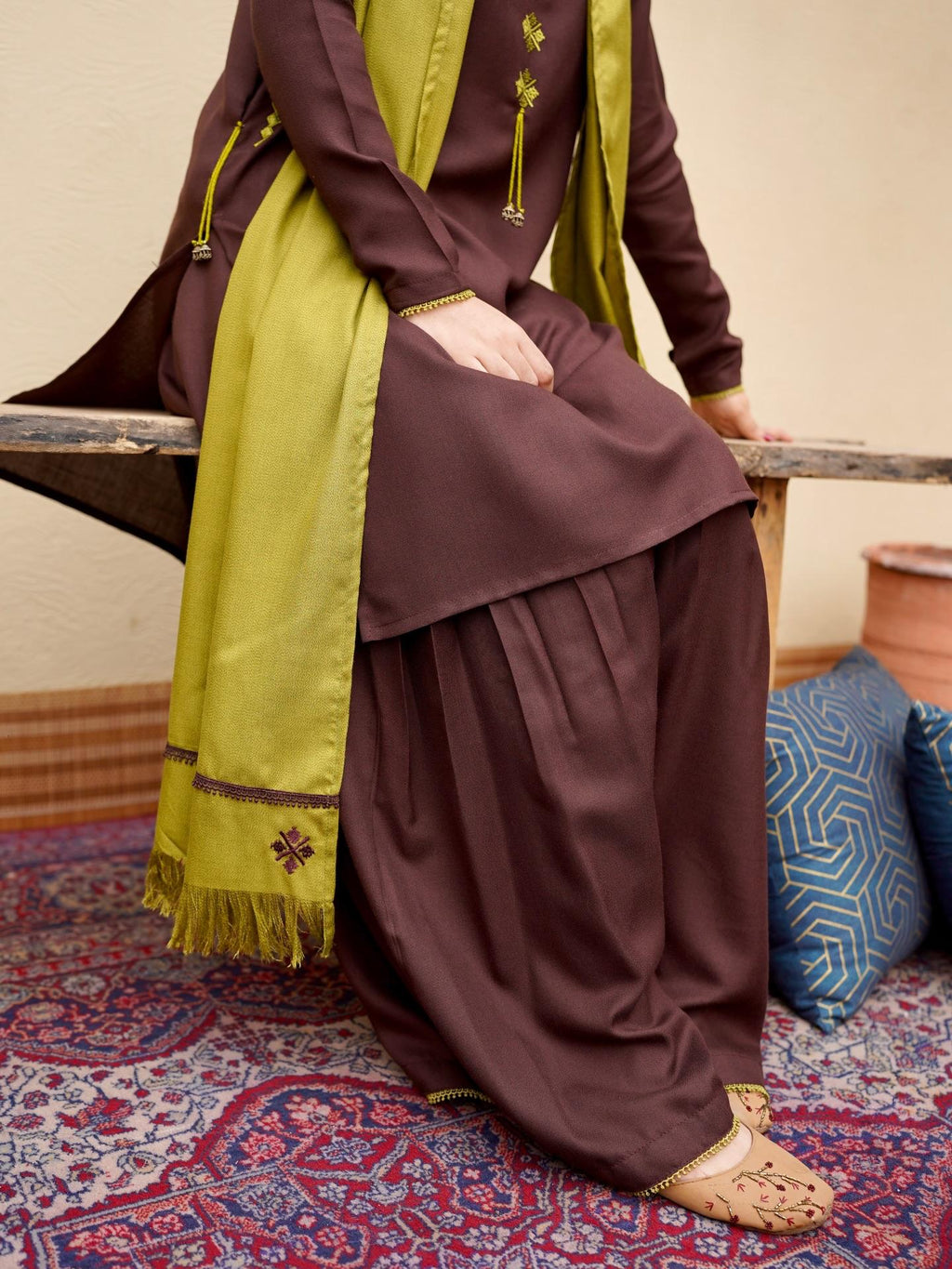 Pista Embroidered 3PC Stone Marina Suit with Sharara