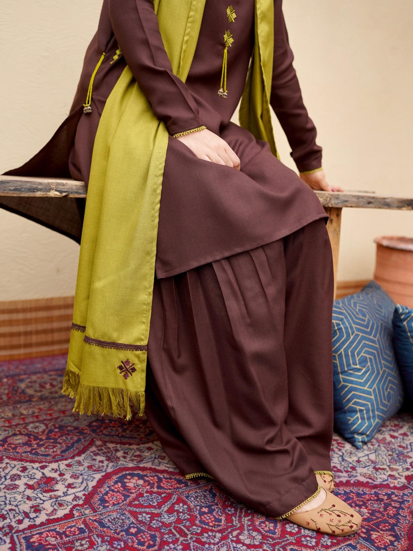 Pista Embroidered 3PC Stone Marina Suit with Sharara