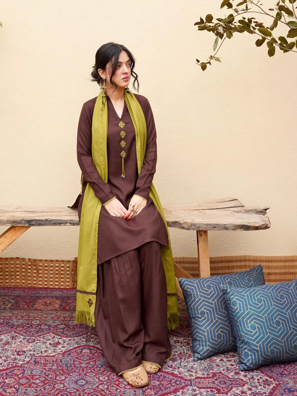 Pista Embroidered 3PC Stone Marina Suit with Sharara