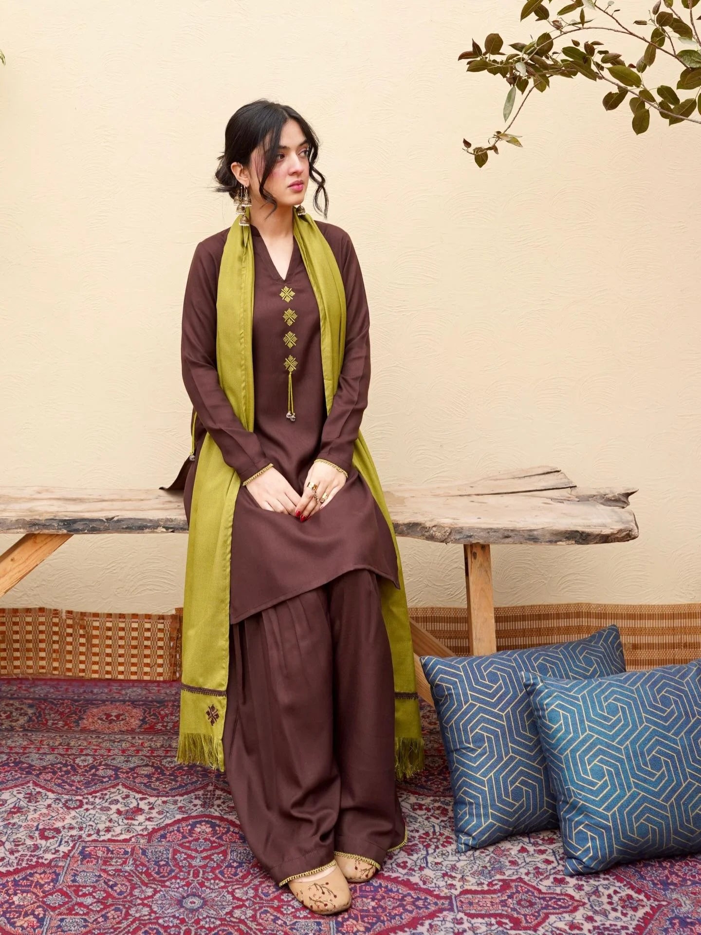Pista Embroidered 3PC Stone Marina Suit with Sharara