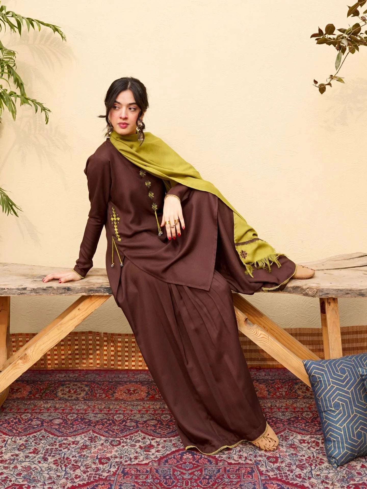 Pista Embroidered 3PC Stone Marina Suit with Sharara