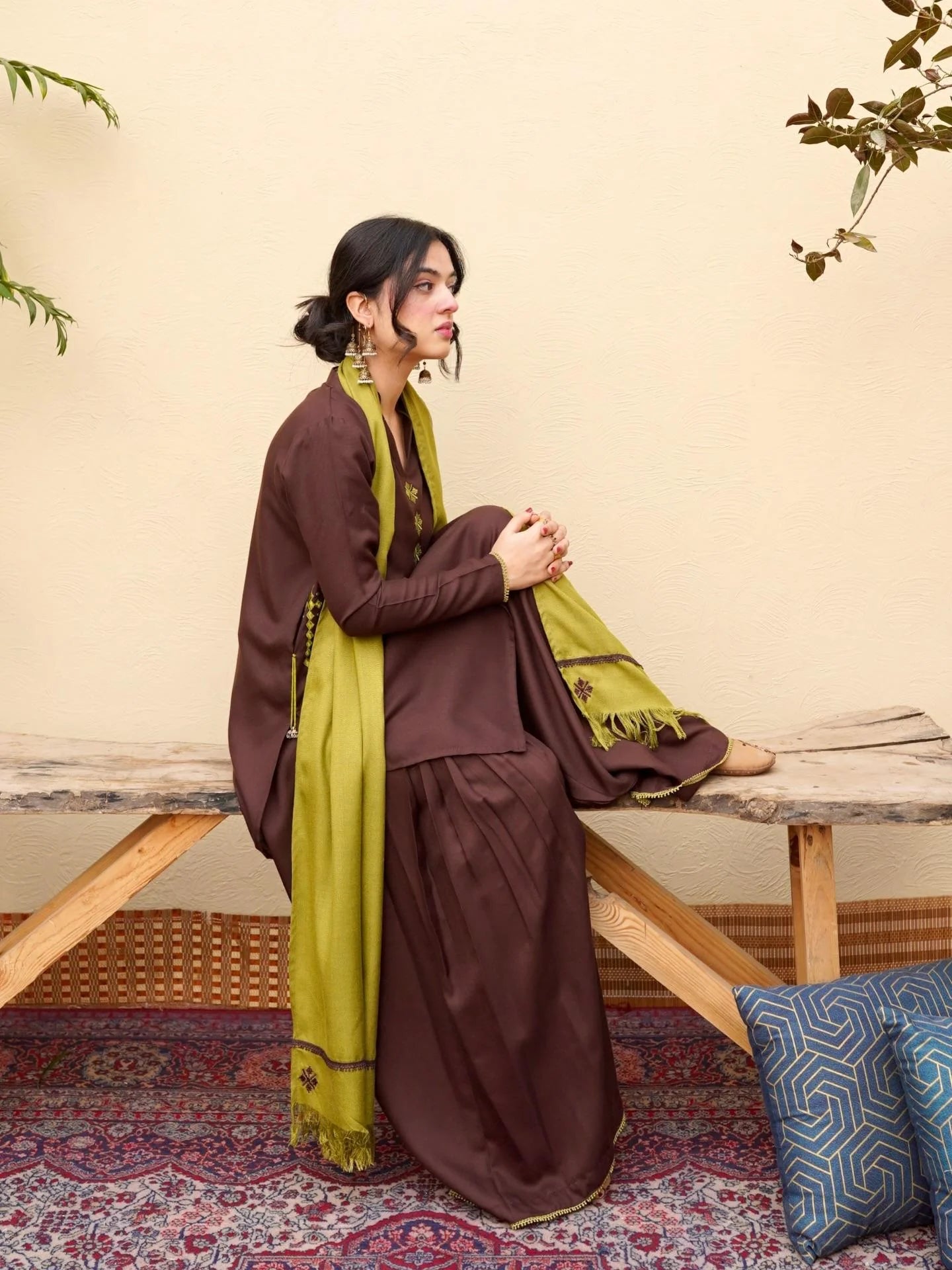 Pista Embroidered 3PC Stone Marina Suit with Sharara