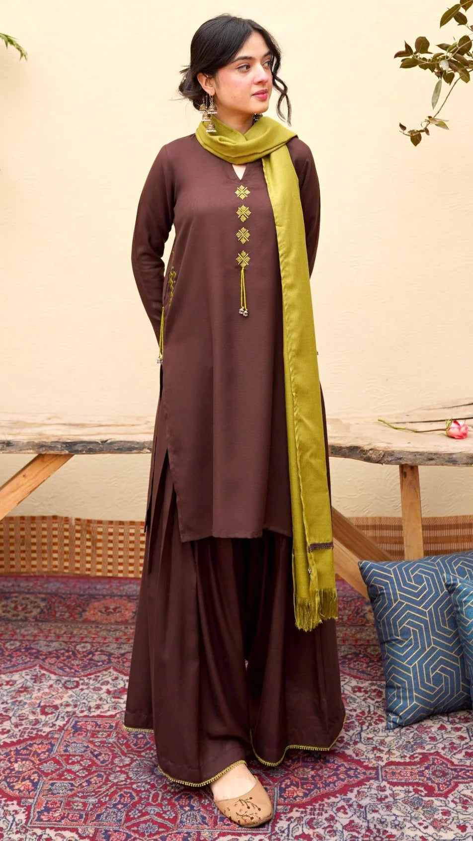 Pista Embroidered 3PC Stone Marina Suit with Sharara