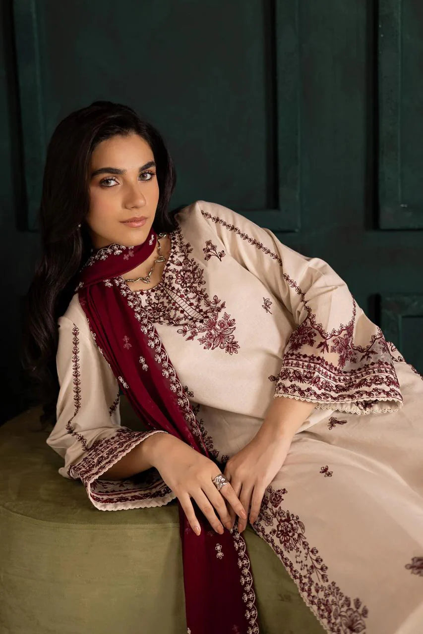Arosa Embroidered 3PC Stone Linen Suit with Shafoon Dupatta
