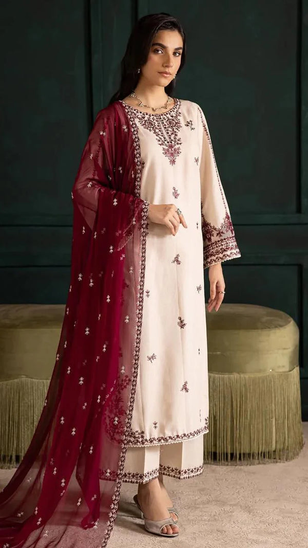 Arosa Embroidered 3PC Stone Linen Suit with Shafoon Dupatta