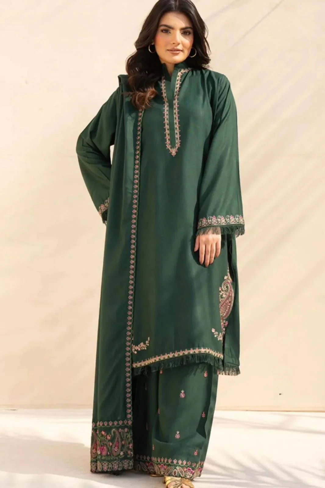 Turbat Embroidered 3PC Stone Linen Suit