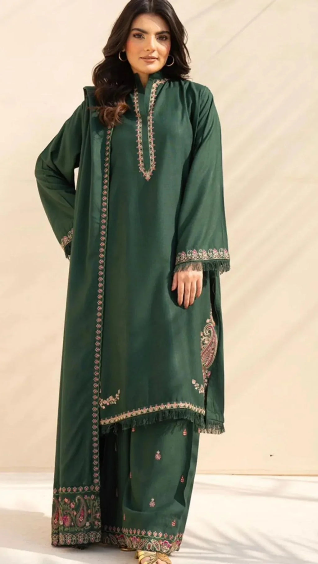 Turbat Embroidered 3PC Stone Linen Suit