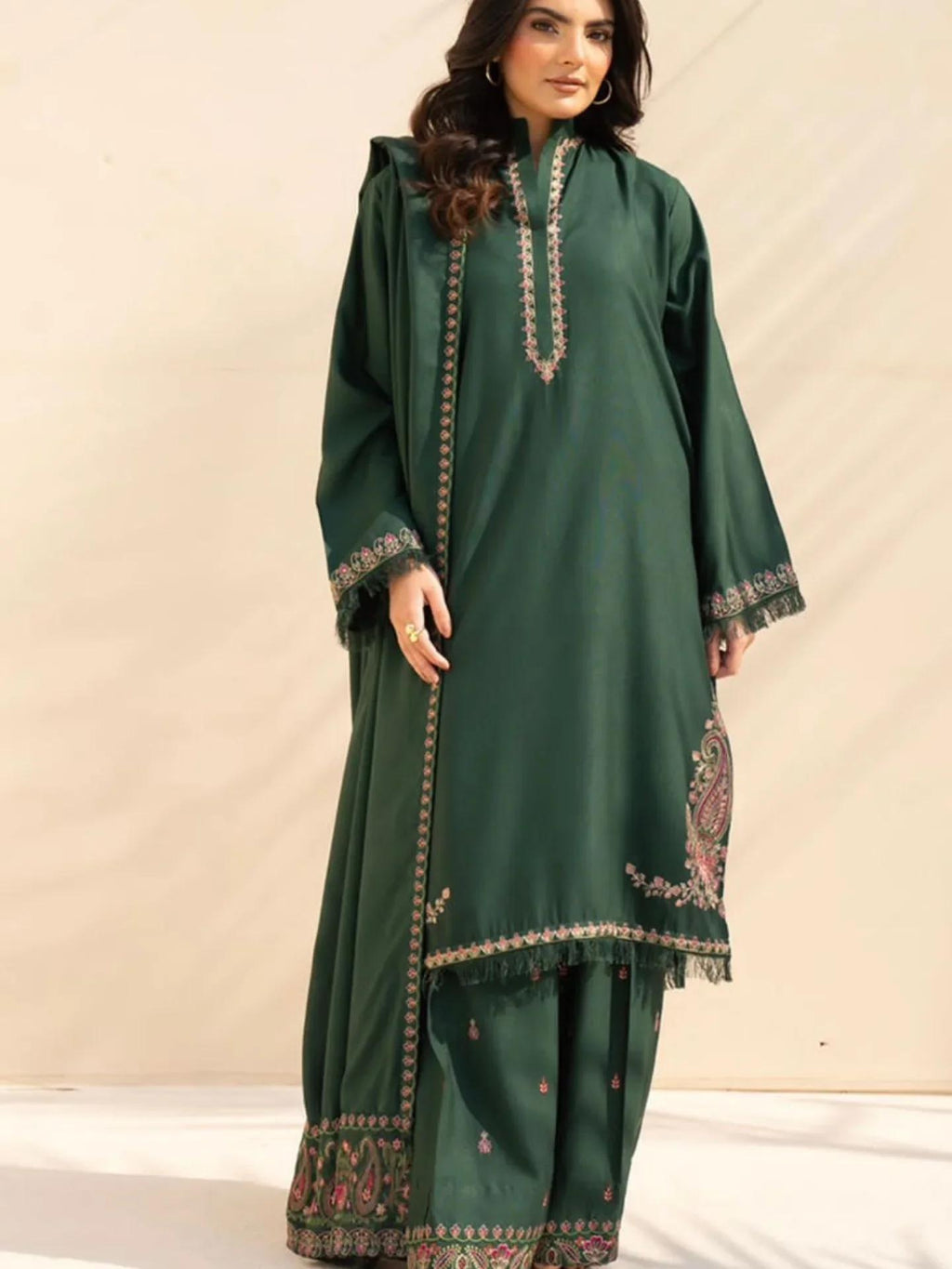 Turbat Embroidered 3PC Stone Linen Suit