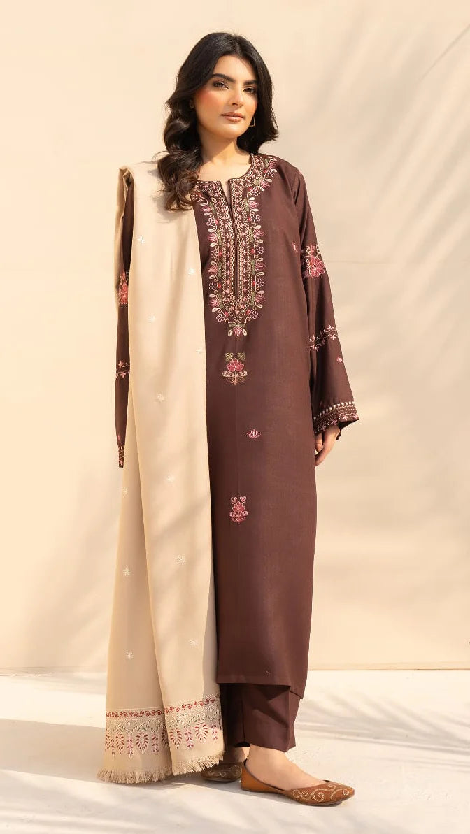 Kinza Embroidered 3PC Stone Linen Suit