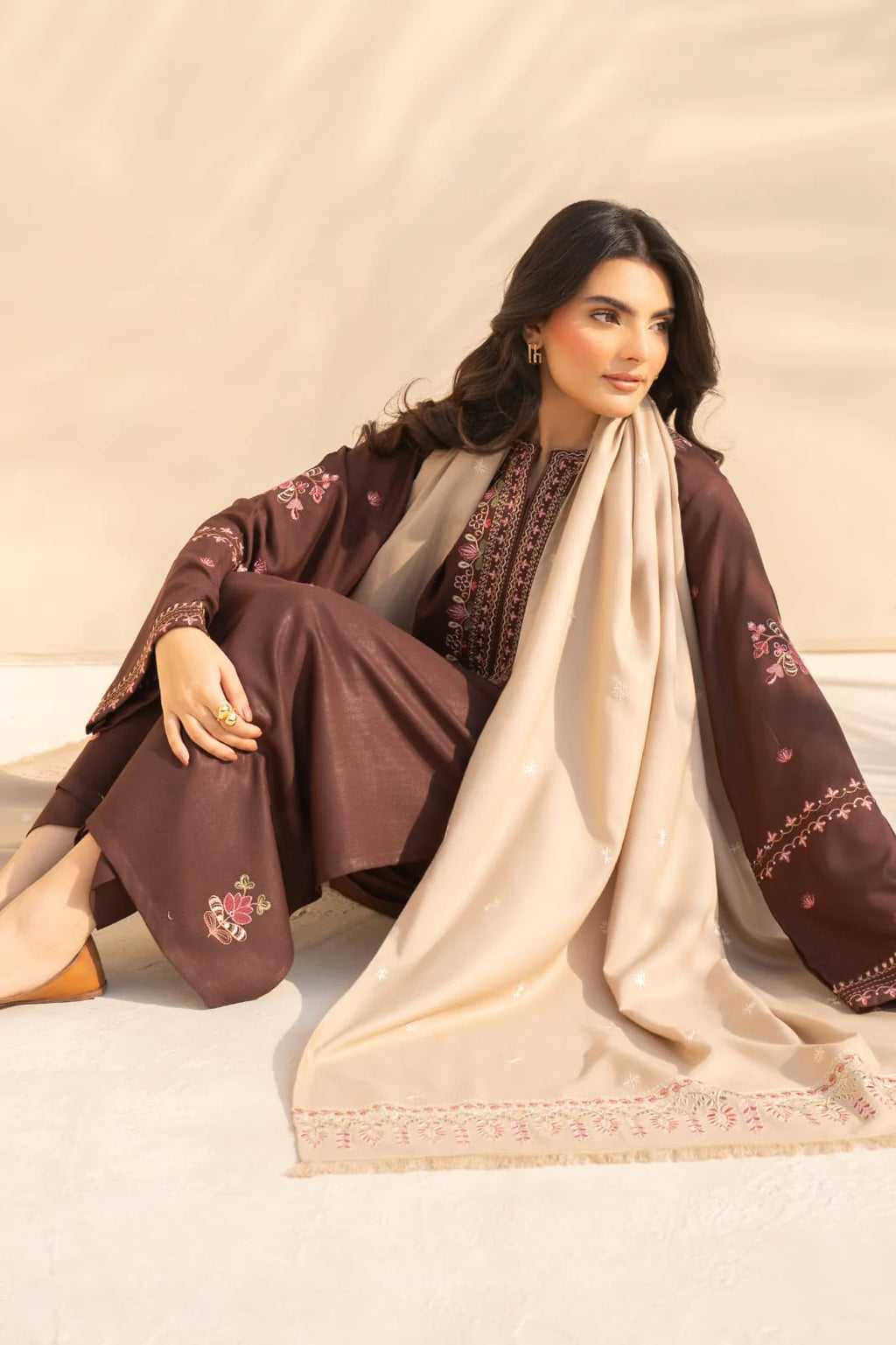 Kinza Embroidered 3PC Stone Linen Suit