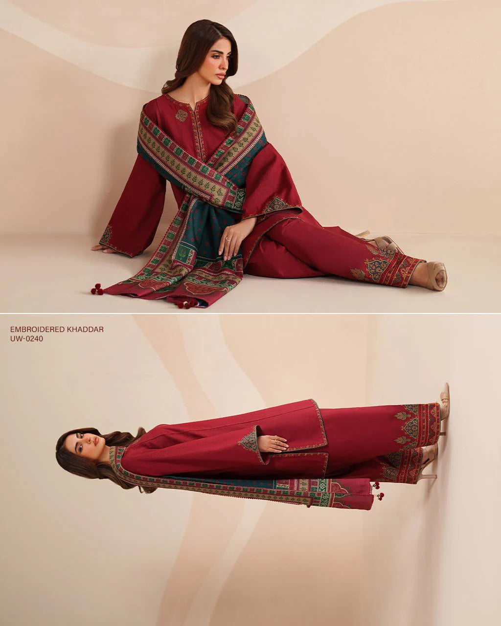 Horain Embroidered 3PC Stone Linen Suit