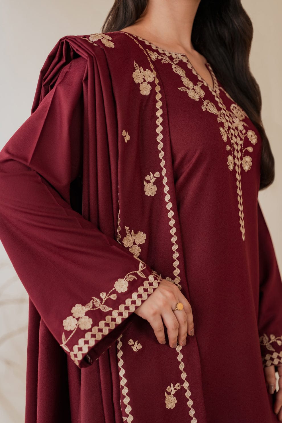 Nisa Embroidered 3PC Stone Linen Suit