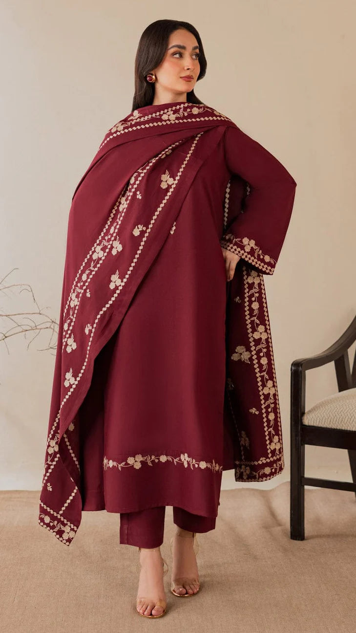 Nisa Embroidered 3PC Stone Linen Suit