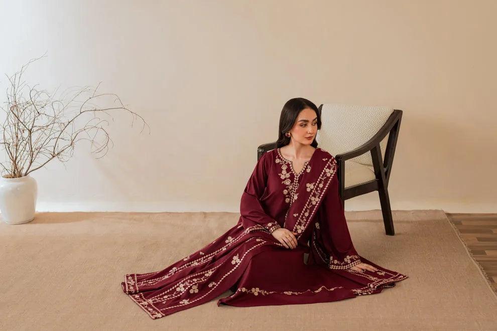 Nisa Embroidered 3PC Stone Linen Suit