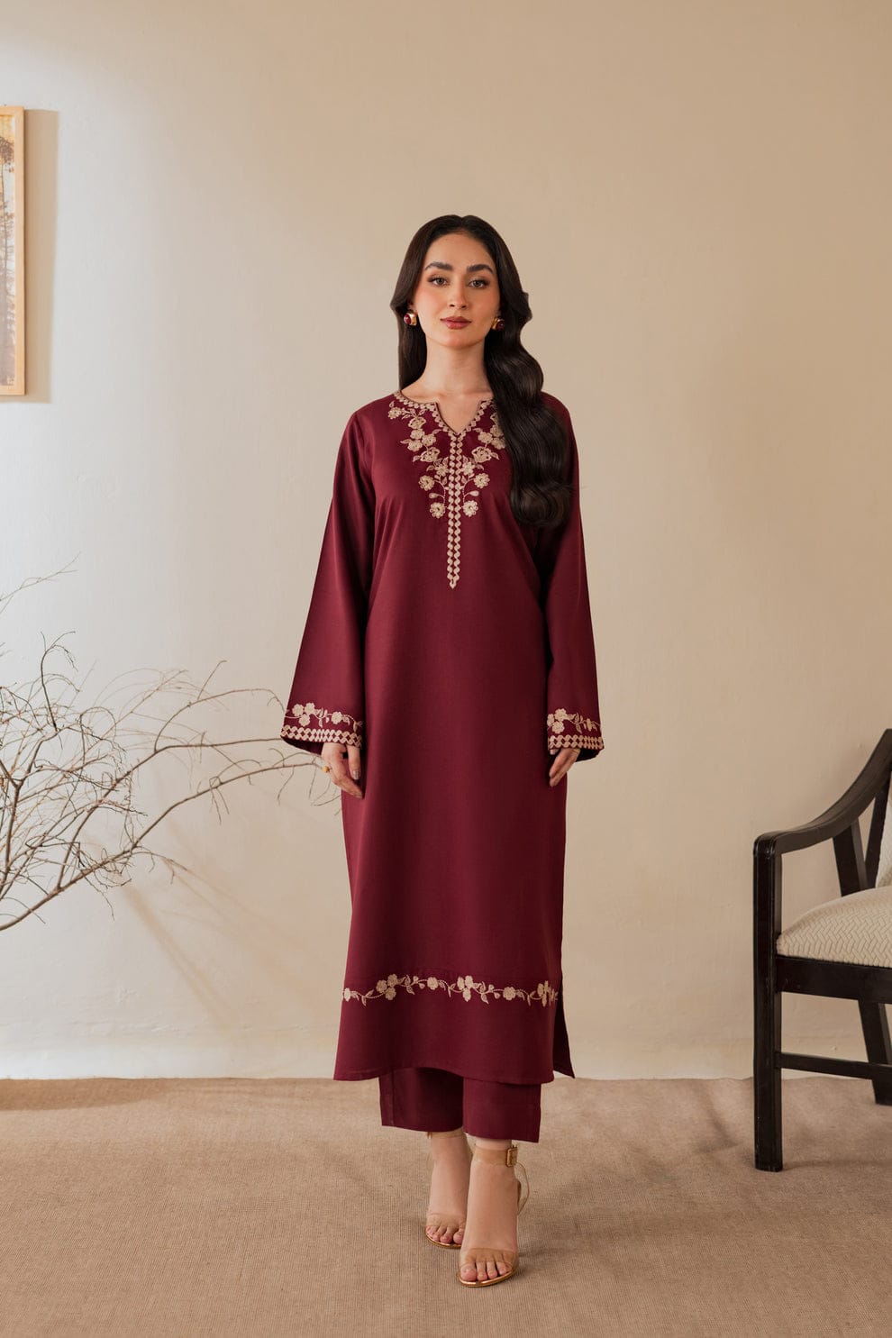 Nisa Embroidered 3PC Stone Linen Suit