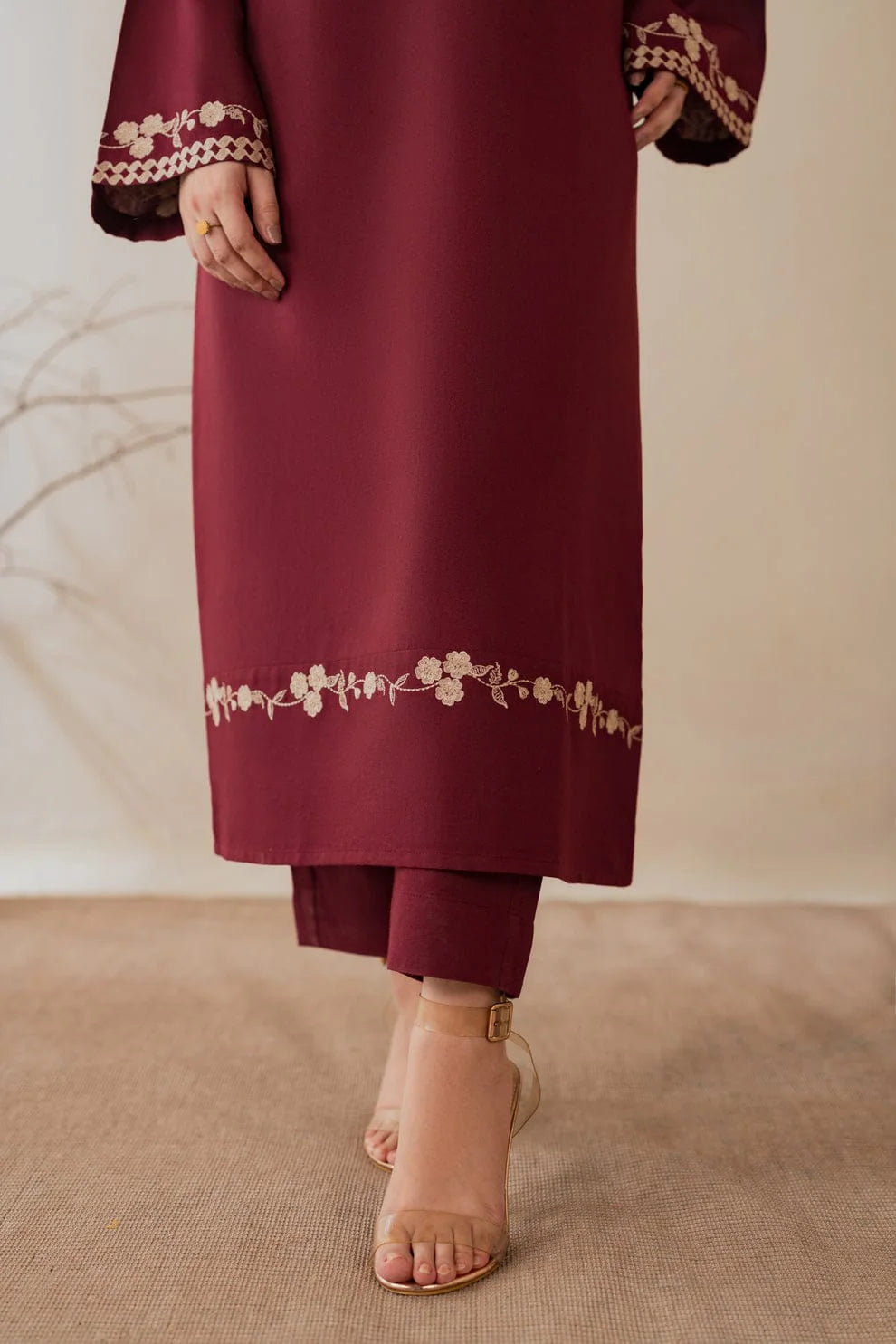 Nisa Embroidered 3PC Stone Linen Suit